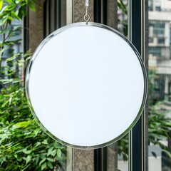 Sticker - Blank Round Sign Hanging In Front Of Window.