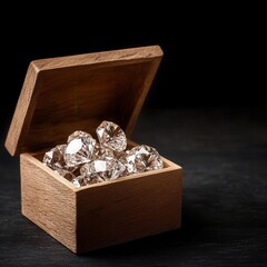 Wooden box filled with sparkling diamonds on black background.