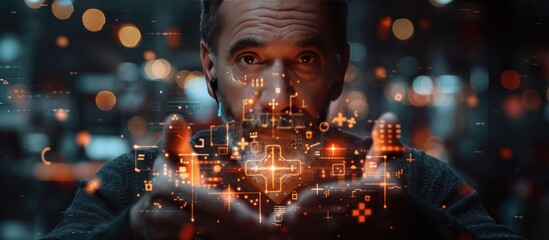 Poster - A man with a serious expression holds out his hands, which are surrounded by glowing digital symbols and data.