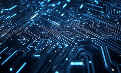 Sticker - blue technology background with circuit board lines and glowing dots on dark blue background vector 