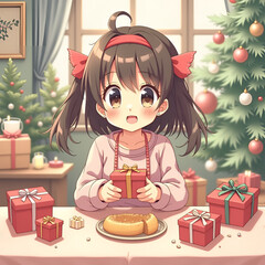 Cute girl with excited expression opening a gift box at a festive table decorated for Christmas on soft pastel background for illustration concept