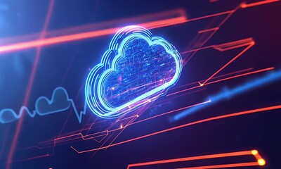 Sticker - a futuristic background with glowing blue and neon lights, featuring an abstract cloud symbol in the