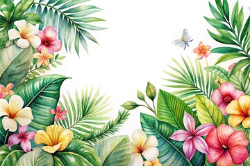 Wall Mural - Silhouette watercolor tropical floral green leaf flower isolated white background