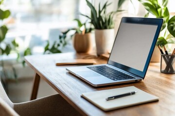 Wall Mural - Laptop on wooden desk with notebook, pen and plants in a home office setting.