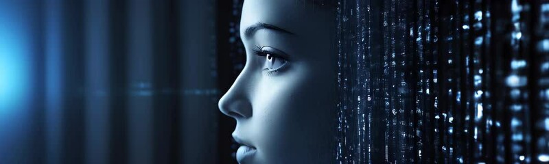 Artificial intelligence. Portrait of cyber woman robot, Ai technology, big data code copy space, artificial mind, cyborg women, digital innovation, Artificial intelligence concept