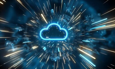 Sticker - a futuristic background with glowing blue and neon lights, featuring an abstract cloud symbol in the