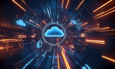 Sticker - a futuristic background with glowing blue and neon lights, featuring an abstract cloud symbol in the
