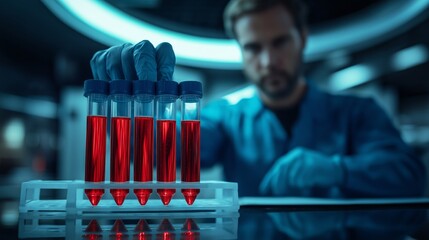 A male lab technician in a blue coat holds a test tube filled with red liquid. Laboratory tests in a clinic