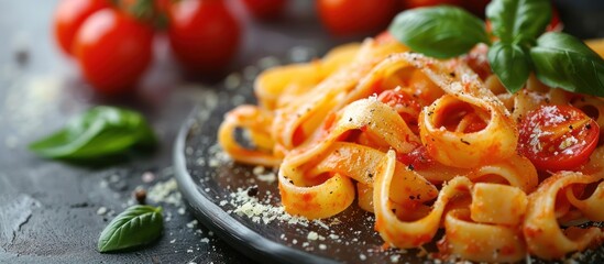 Wall Mural - A close-up of a plate of pasta with tomato sauce, fresh basil, and grated cheese.