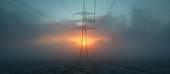 Poster - A tall power line tower stands silhouetted against a foggy sunrise, with the sun peeking through the clouds.