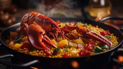 A vibrant Full HD image of a lobster paella, featuring large lobster pieces and colorful vegetables, presented in a traditional pan, evoking a festive dining experience.