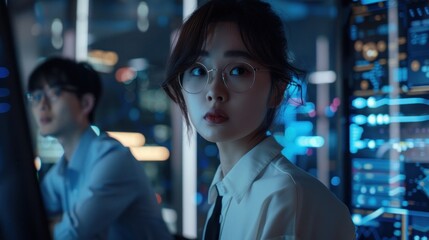 Woman in Glasses Looking at the Camera in a Server Room
