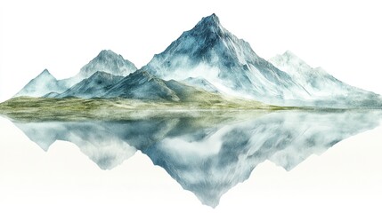 Canvas Print - A serene mountain with a calm lake reflection, peaceful landscape, photorealistic style, soft blues and greens, isolated on white background  