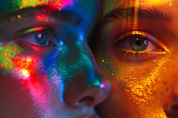 Close-up of two young women with sparkling, colorful face paint reflecting light, creating a vibrant and artistic mood.