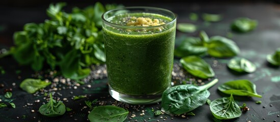 Sticker - A close-up of a glass of green smoothie with spinach leaves scattered around it on a dark background.