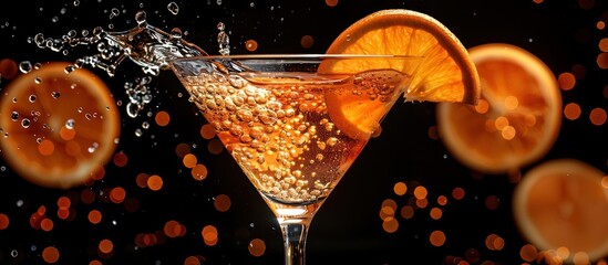 Poster - A close-up of a martini glass with a splash of orange juice and an orange slice garnishing it. The background is a bokeh of orange lights.