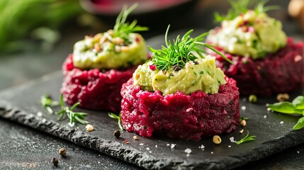 Delicate beetroot tartare with avocado mousse, displayed on a slate board with herb sprigs