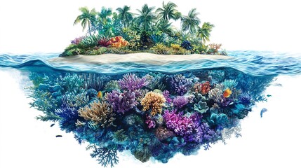 Wall Mural - A tropical island with colorful coral reefs visible underwater, marine life scene, photorealistic style, vibrant hues, isolated on white background  