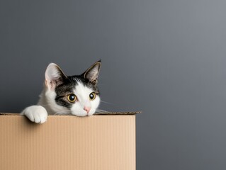 Poster - A curious cat peeks over the edge of a cardboard box. AI.