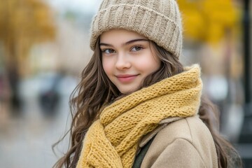 Poster - A young woman smiles while wearing a knit hat and scarf. AI.