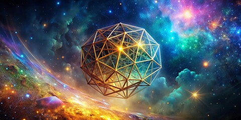 Wall Mural - a cosmic lattice hovers above a vibrant nebula, its golden structure illuminated by distant stars