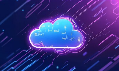 Wall Mural - a futuristic cloud technology background with glowing neon lines and an abstract symbol of the inter