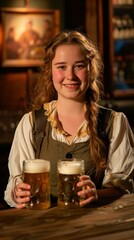 Wall Mural - A woman smiles as she holds two mugs of beer. AI.