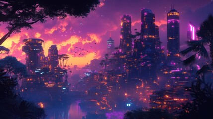 Wall Mural - A cityscape with a purple sky and a river
