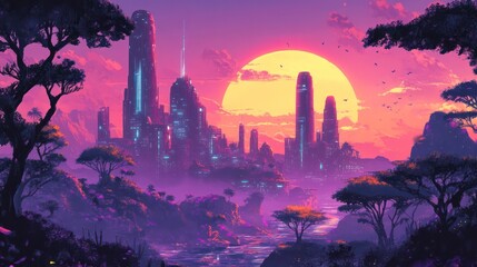 Wall Mural - A cityscape with a large yellow sun in the background