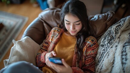 Cheerful Hispanic Teen Girl Using Smartphone for Social Media and Online Shopping at Home