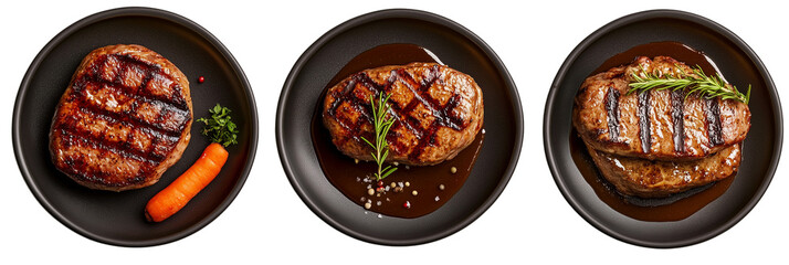 Wall Mural - Set of a grilled meat on plates cutlets in a juicy brown sauce, isolated on a transparent background.