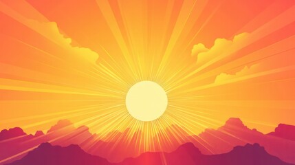 Wall Mural - a bright orange sun is rising over a mountain range