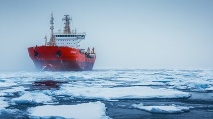 A large red ship is in the middle of a sea of ice