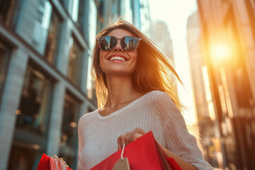 A woman with shopping bags in the city streets, bustling with people and towering buildings under a clear blue sky.