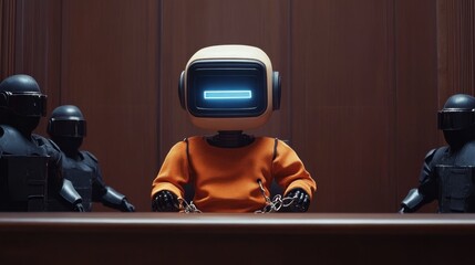 AI robot in court, dressed as a prisoner in an orange jumpsuit, with chains and guards, depicting a dystopian future of AI regulation and legal issues.