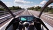 © 69 - Autonomous car zipping down a futuristic highway, the AI display on the control panel showing real-time data and speed