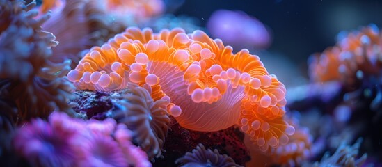 Wall Mural - Close up of orange coral polyps in an underwater reef.