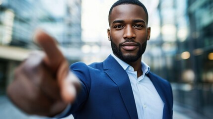 Close-up of a businessman in a blue suit, finger extended towards the viewer, symbolizing leadership and professional recruitment.