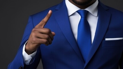 Close-up of a businessman in a blue suit, finger extended towards the viewer, symbolizing leadership and professional recruitment.