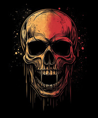 Bright skull in neon shades with flowing paint effect on black background,for printing on fabric and paper.Extravagant print for t-shirt and other clothes