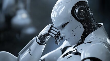 Fototapete - A robot is sitting on a chair and looking down