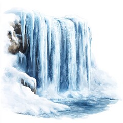 Frozen waterfall clipart, winter element, hyperrealistic, icy blue tones, isolated on white background 