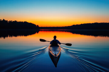 Person kayaking under a vibrant sunset with the silhouette of mountains in the background, reflecting off the calm water.