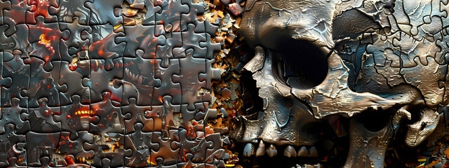 A visually striking close-up of a skull puzzle piece, highlighting intricate details and dark, moody colors, creating an enigmatic and mysterious atmosphere.