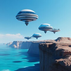 Advanced space colony with floating platforms above an alien ocean, sci-fi innovation