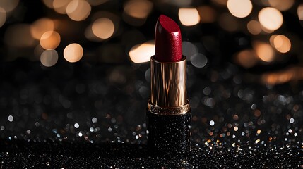 Vibrant Red Lipstick Tube with Shimmering Glitter Background