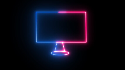 Computer monitor mute speaker. Abstract neon monitor icon on black background. Neon line Monitor icon for graphic design projects.