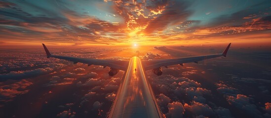 Poster - Airplane flying through the clouds at sunset with a dramatic sky.