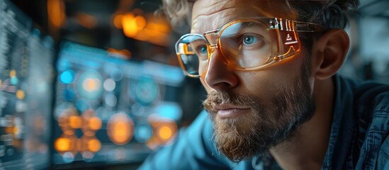 Close-up portrait of a man wearing safety glasses, focused on a computer screen with blurred lights in the background.