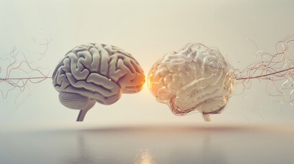 a human brain and heart, connected by a bridge made of light